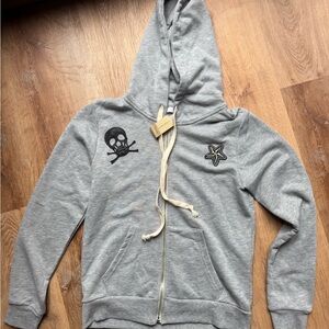 Gray Hoodie with Skull and Star Patches